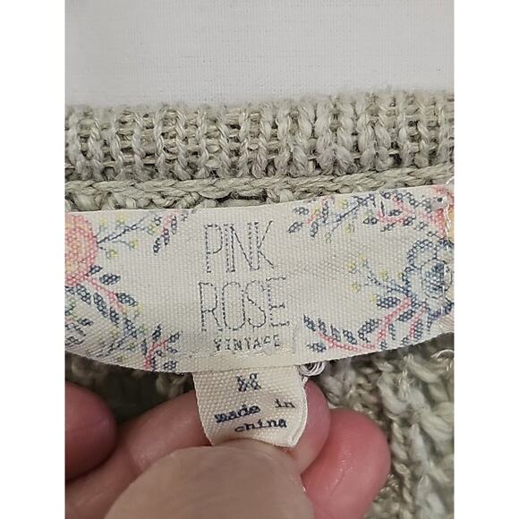 Pink Rose Cable Knit Sweater V-Neck Size Medium Grey Rolled Cuff Classic Preppy - Picture 2 of 6